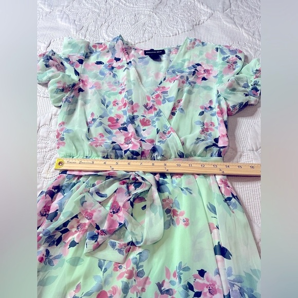 Green Puff Sleeve V-Neck Midi SunDress floral - Picture 12 of 12